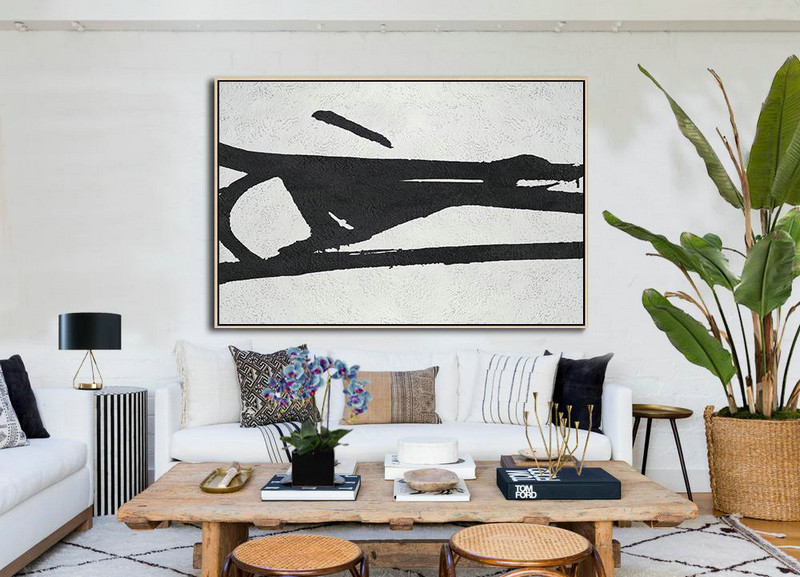 Large Wall Art Home Decor,Hand Painted Oversized Horizontal Minimal Art On Canvas, Black And White Minimalist Painting - Abstract Painting Modern Art